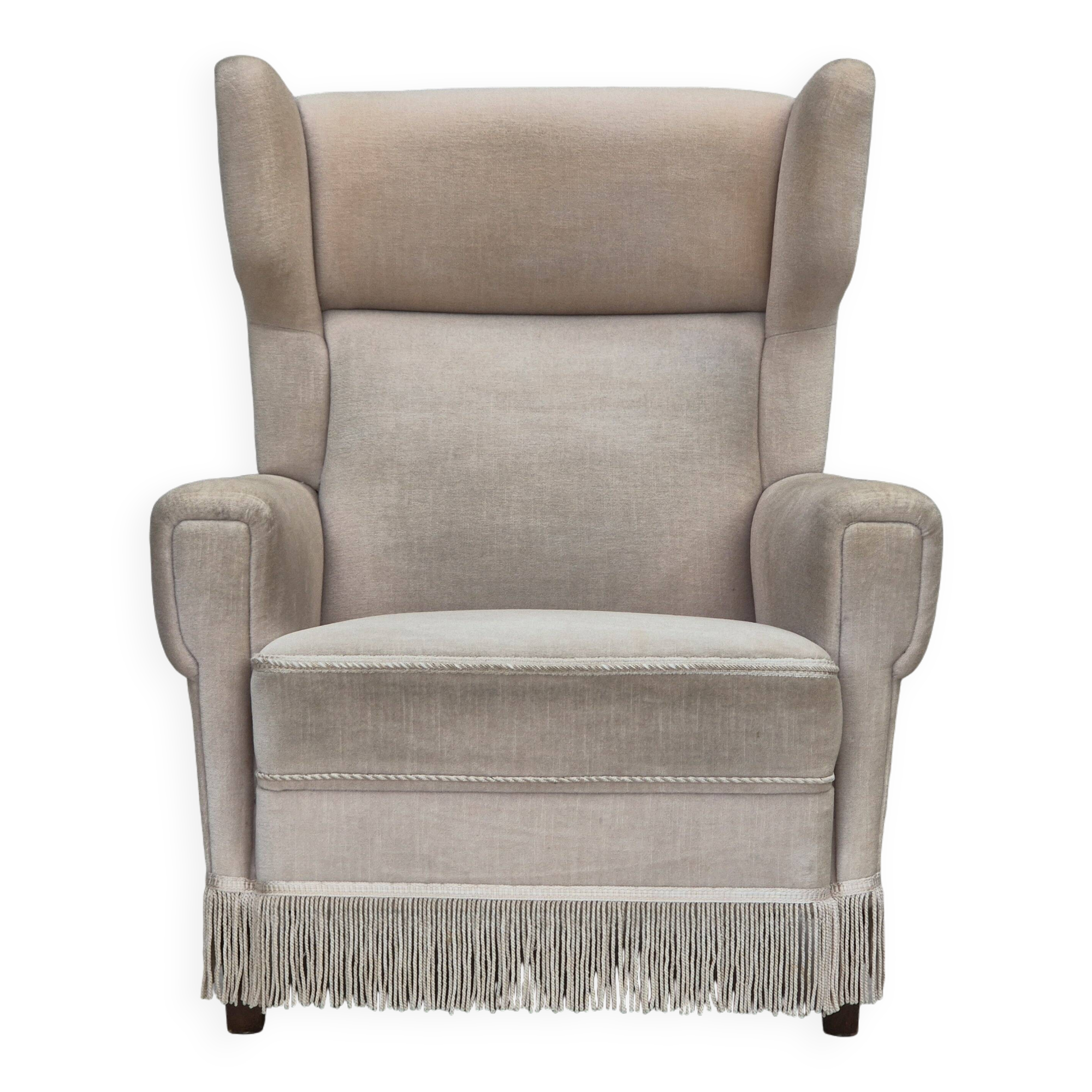 1970s, Danish wingback armchair, original condition, furniture velour, ash wood.