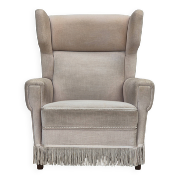 1970s, Danish wingback armchair, original condition, furniture velour, ash wood.