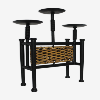 Wrought iron and rattan candle holder