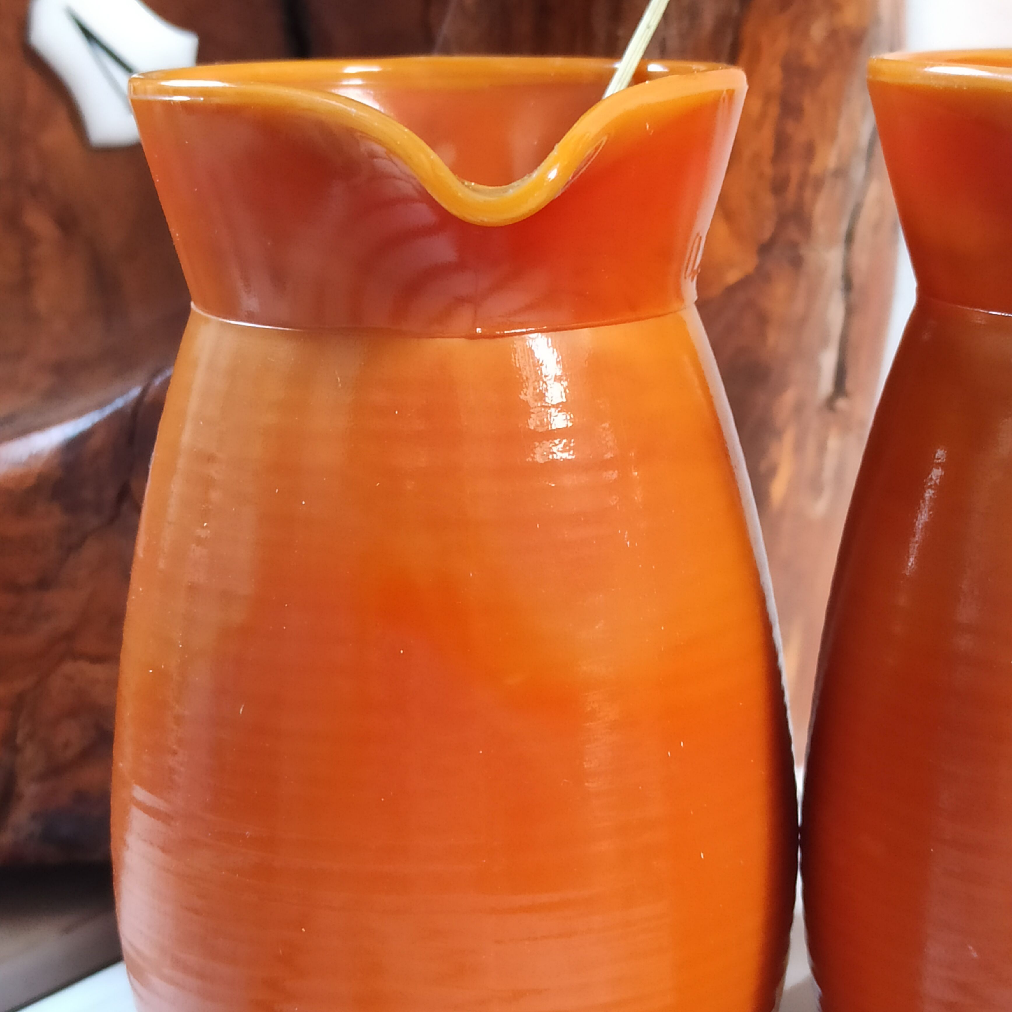 Two vintage arcopal volcano pitchers