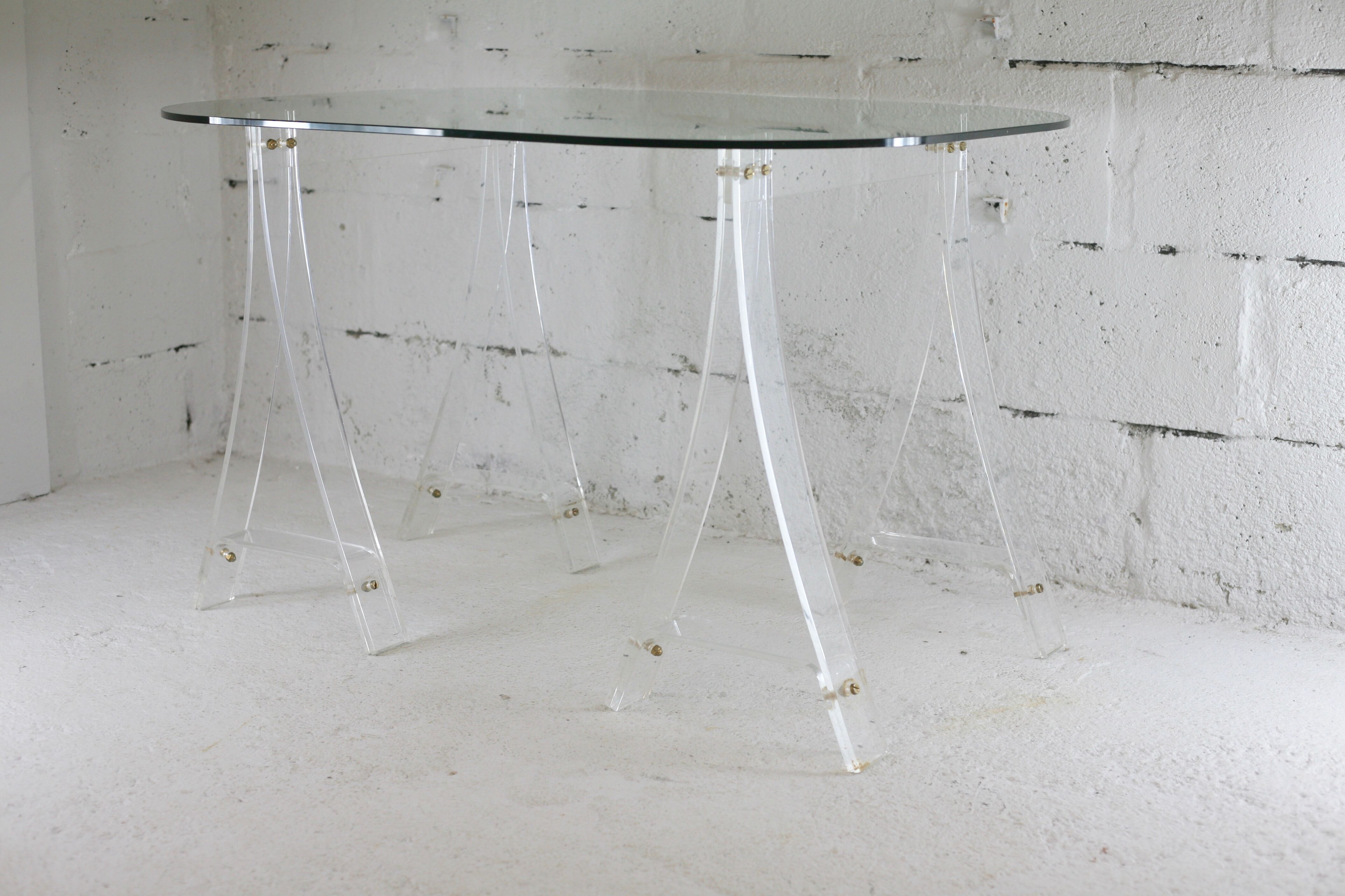 Office Plexiglas trestles, glass tray rounded edges, France, circa 1970