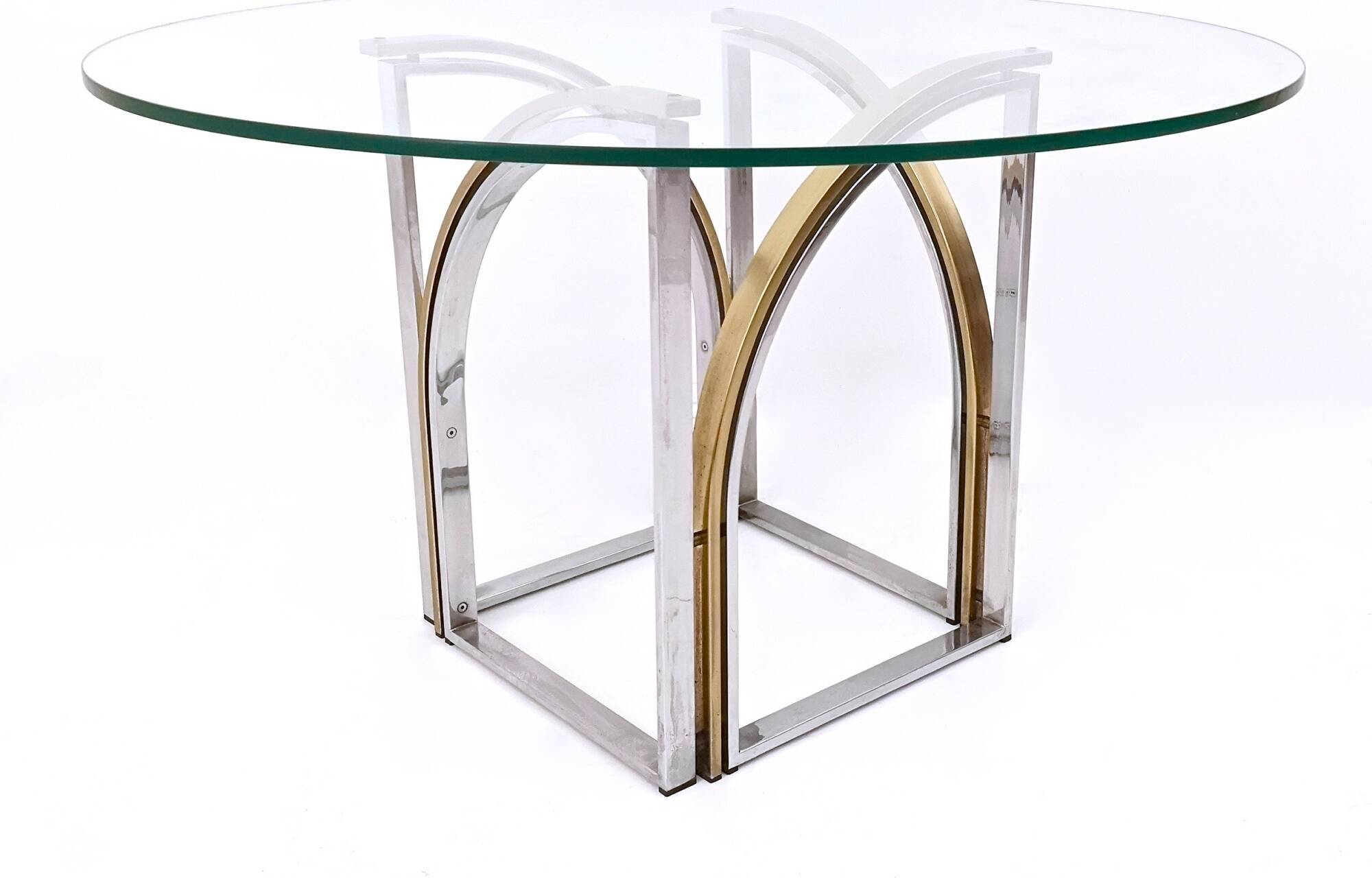 Round Brass and Steel Dining Table by Romeo Rega with Glass Top
