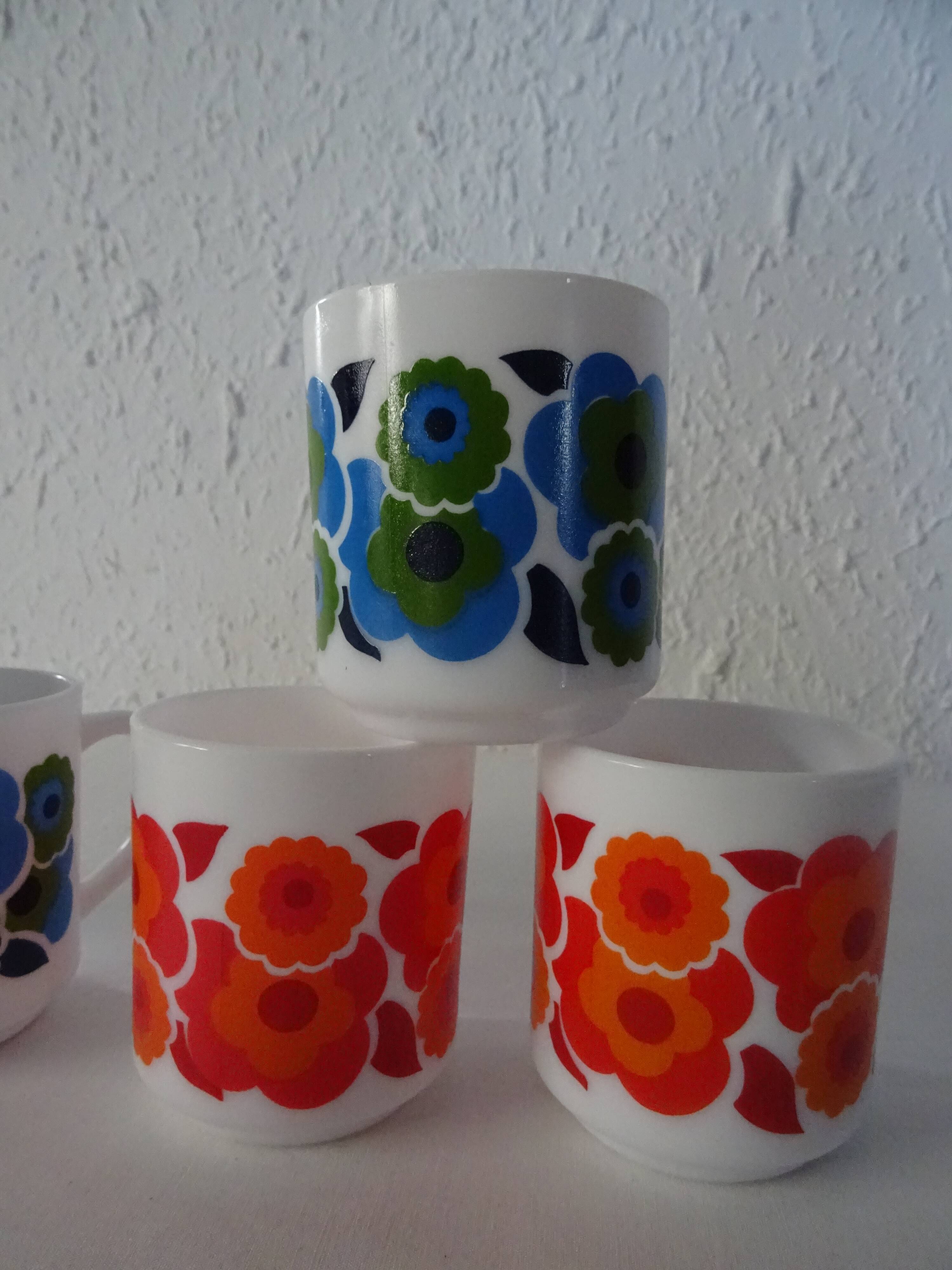 6 MUGS vintage flowers LOTUS 562112 Arcopal FRANCE orange blue