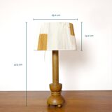 Wooden candle holder mounted as a lamp and its rope shade, 47.5cm.