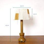 Wooden candle holder mounted as a lamp and its rope shade, 47.5cm.