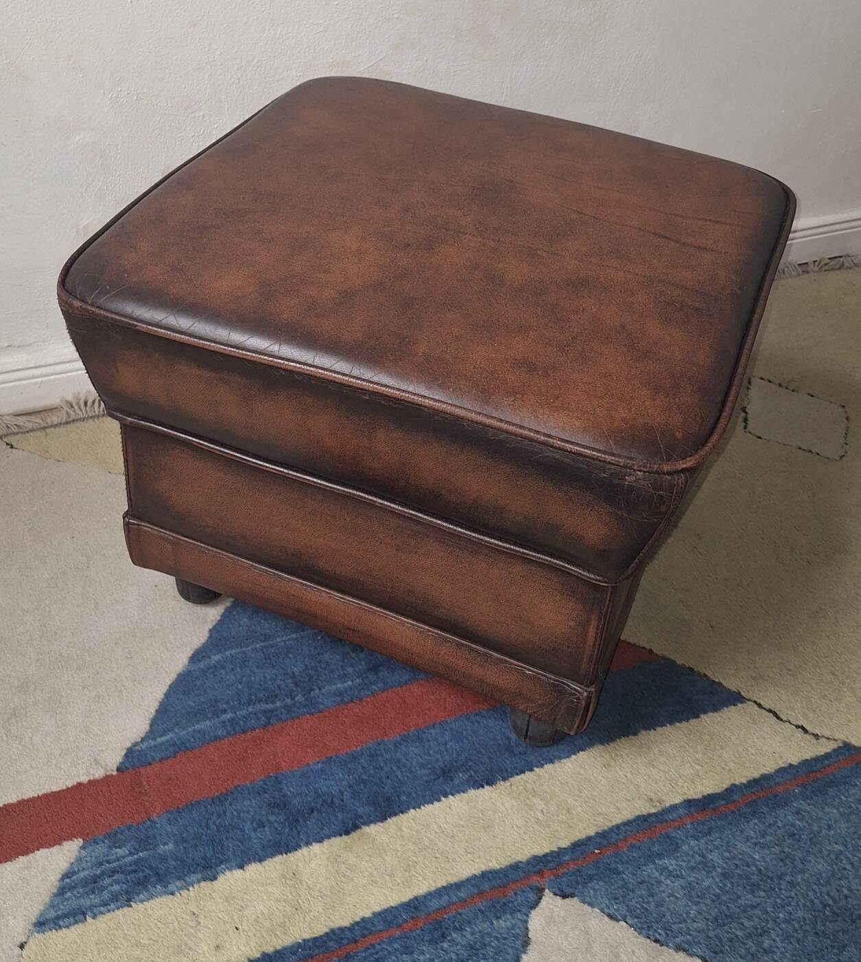 Vintage chestnut brown leather pouffe ottoman