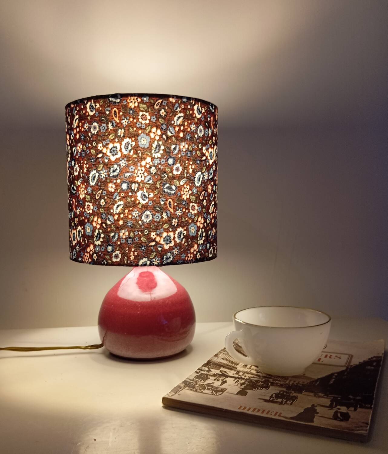 Vintage pink ceramic table lamp, Liberty flower lampshade