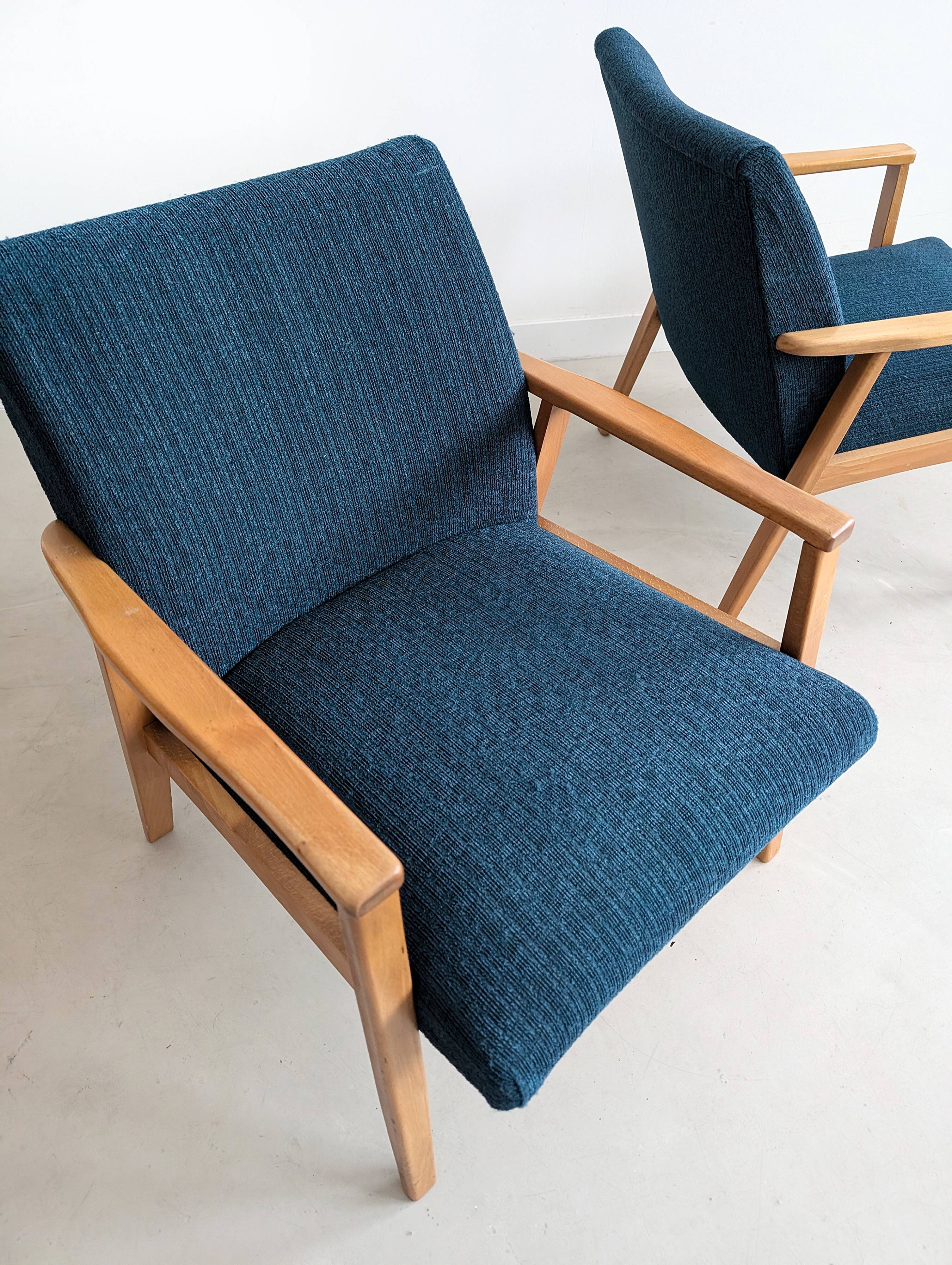 2 blue fabric armchairs, 1970s