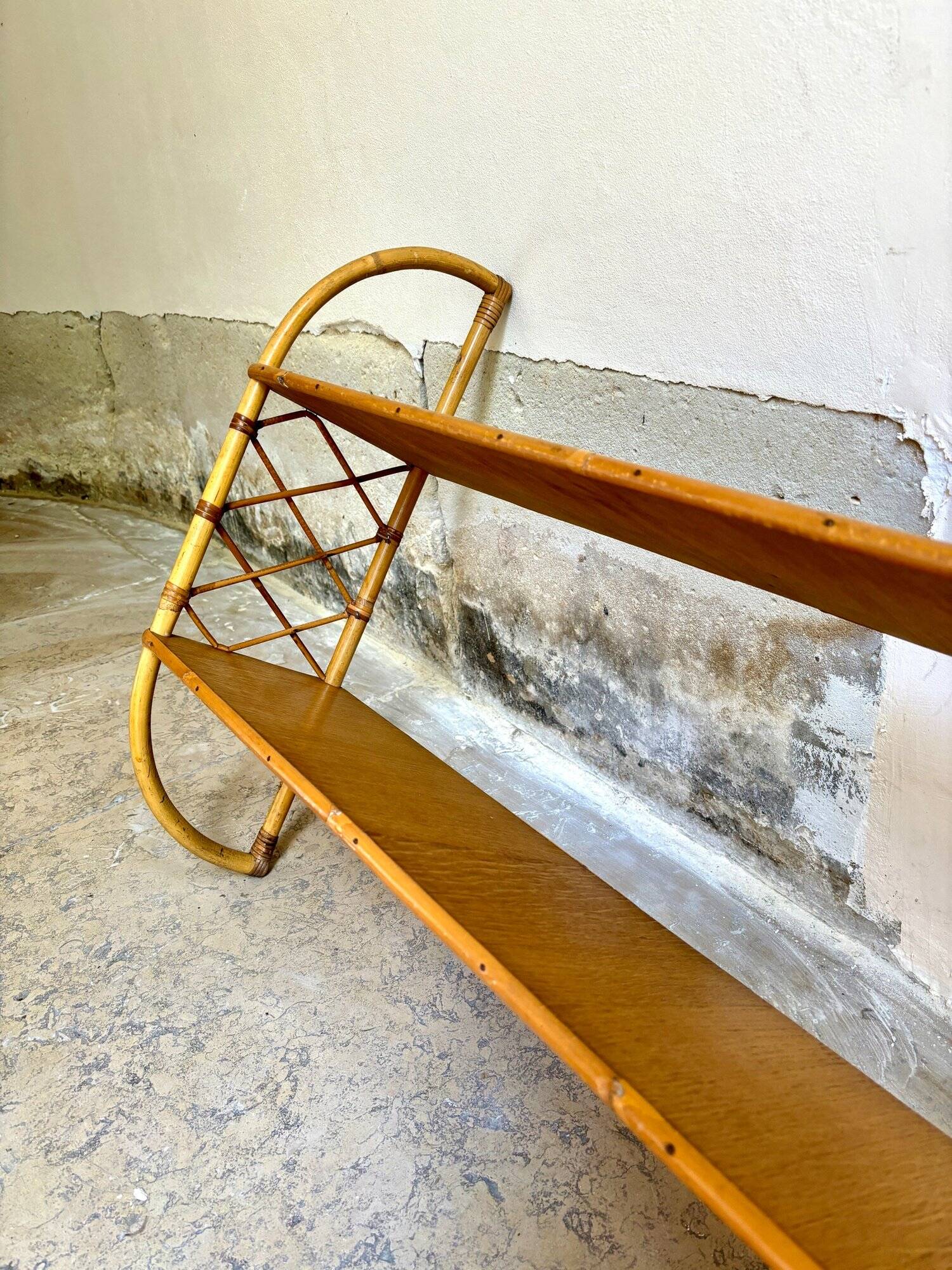 Wall shelf in wood and rattan, 1960s