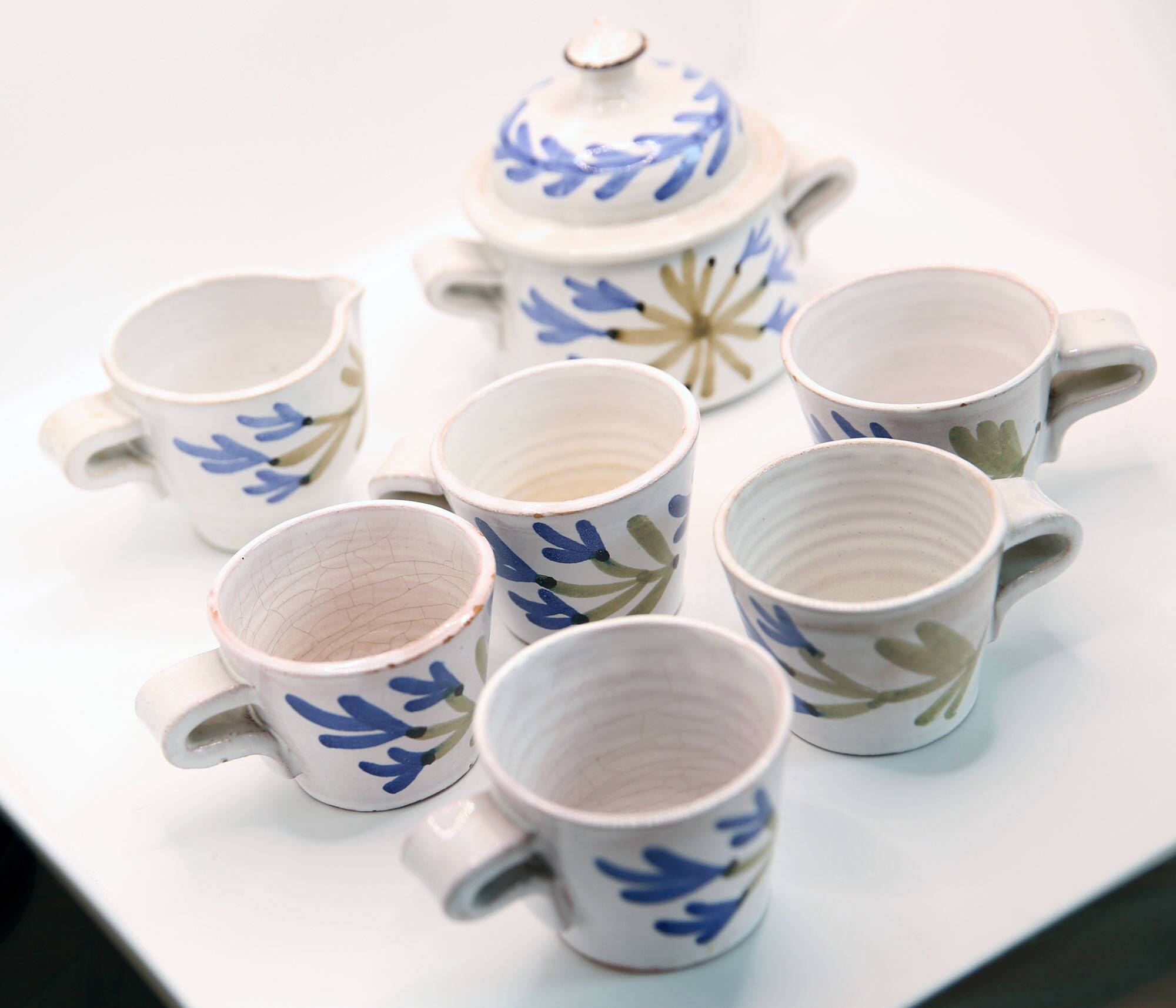 5 cups, 1 milk jug, 1 sugar bowl by Michel Barbier Vallauris