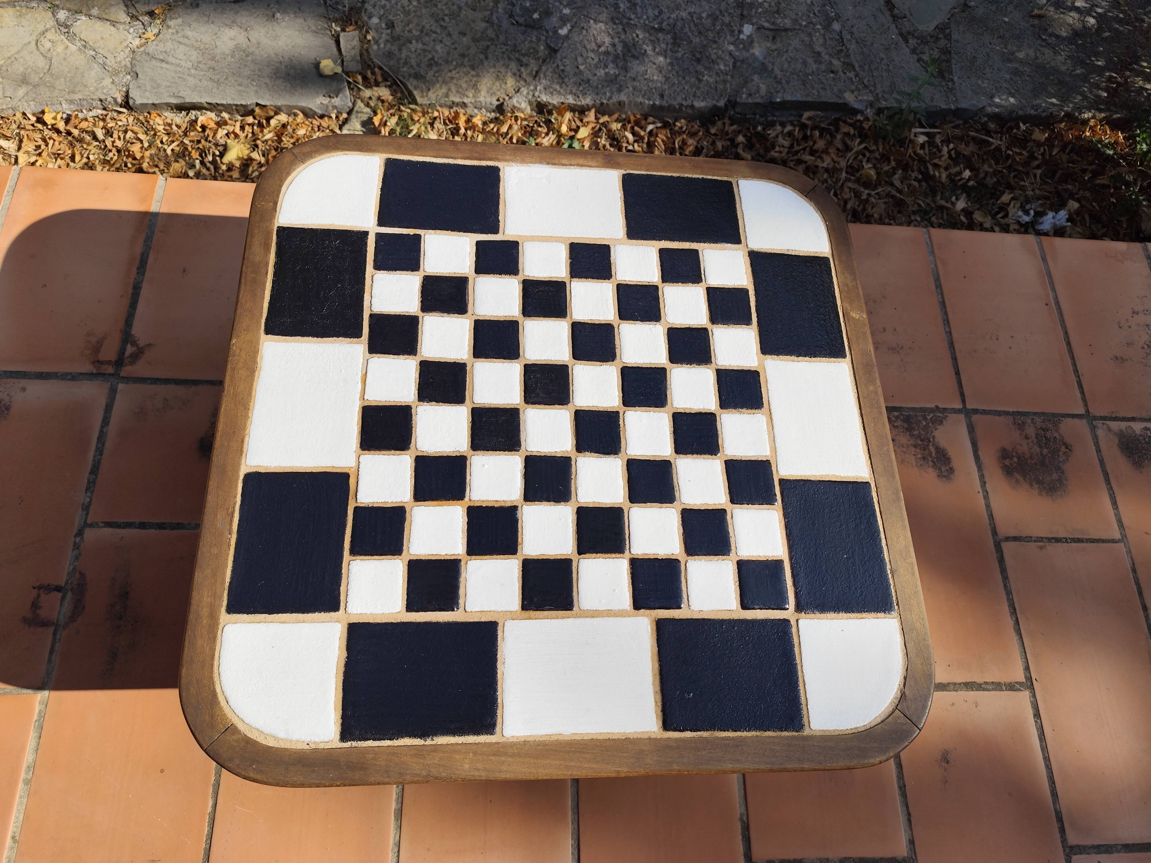 Scandinavian coffee table in wood and ceramic with a checkerboard pattern, 1960s vintage
