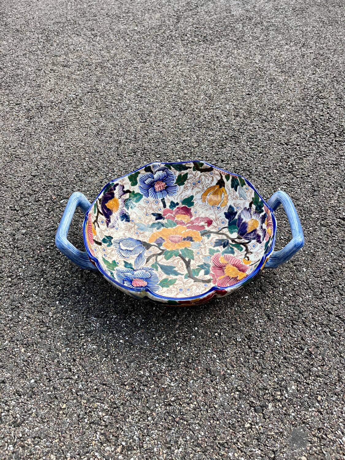 Melonniere dish in Gien earthenware with peony decoration