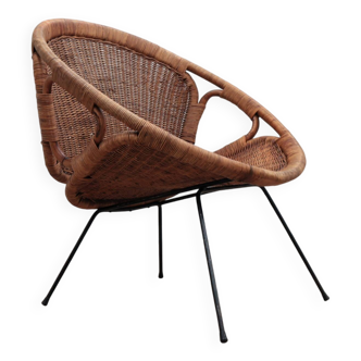 Chaise en rotin et osier design italien du milieu du siècle, années 1950