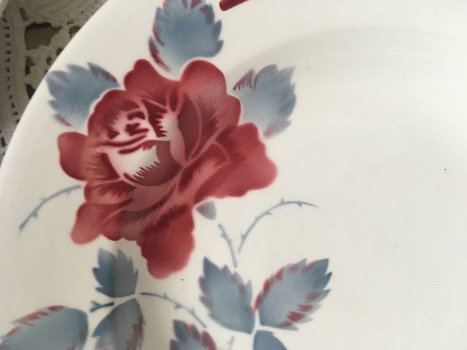 Six soup plates don't match in red and blue