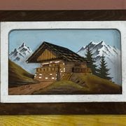 Tableau alpin vintage en bois sculpté et peint - signé
