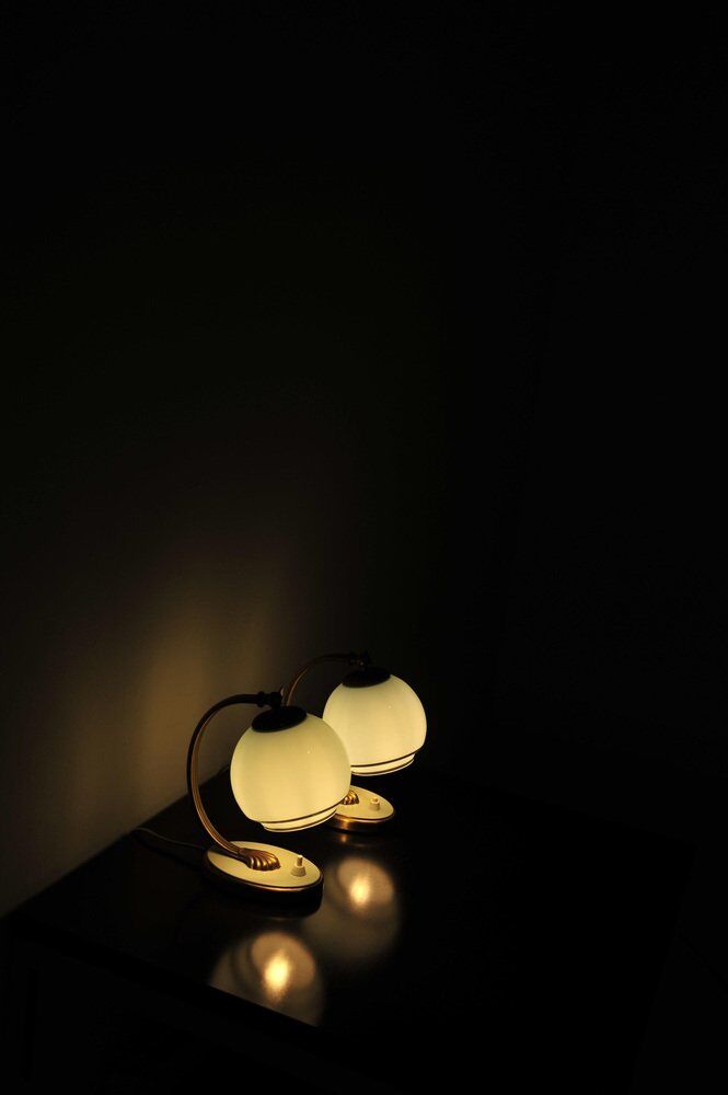 Set of 2x Bedside lamps with blue glass and bronze feet, 1930s