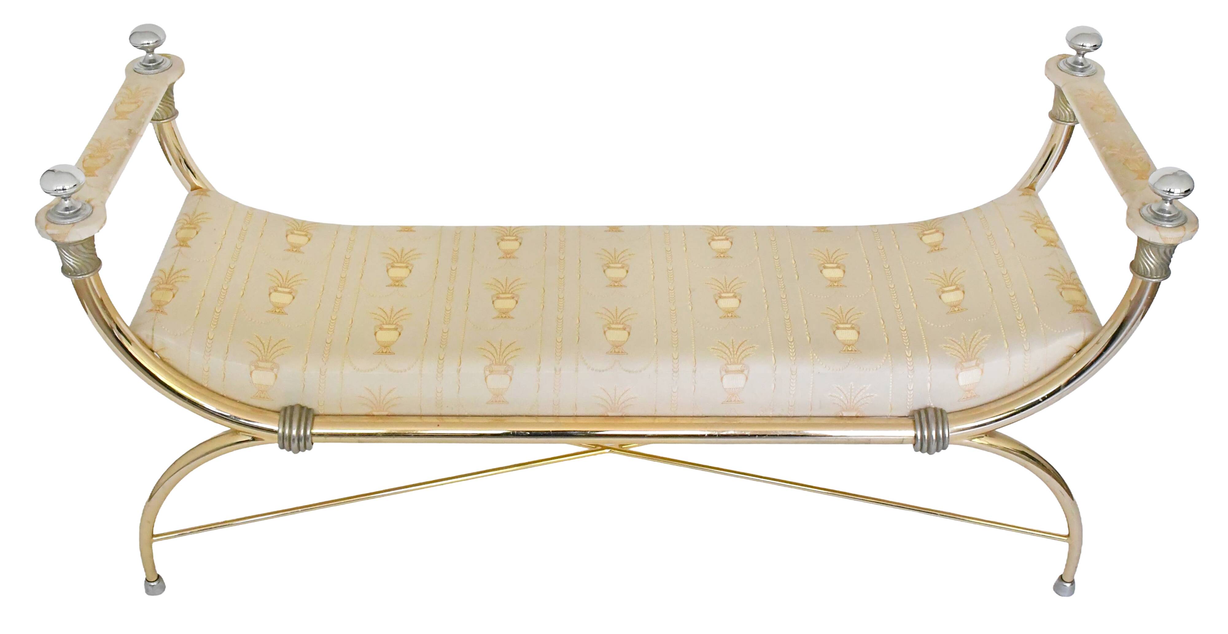 Bench in gilded brass and Empire-style fabric