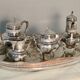 Coffee or tea service monogrammed cr silver metal