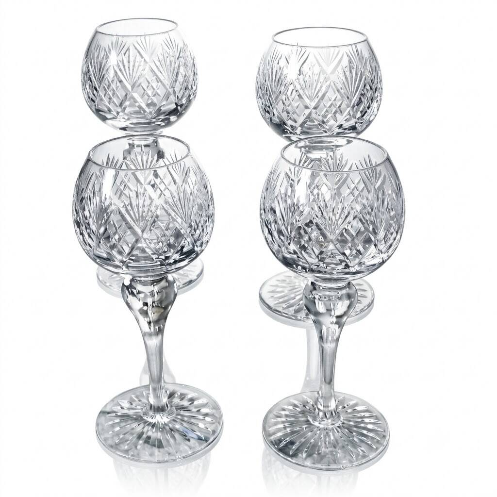 4 lead crystal wine glasses with slender baluster stems.