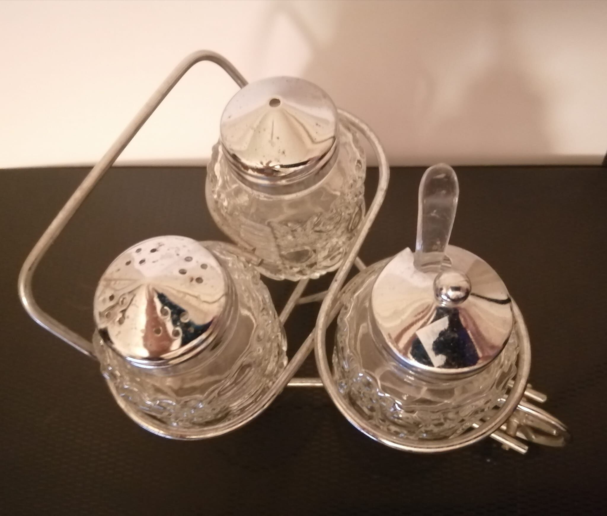 Salt, pepper and vintage mustard maker.