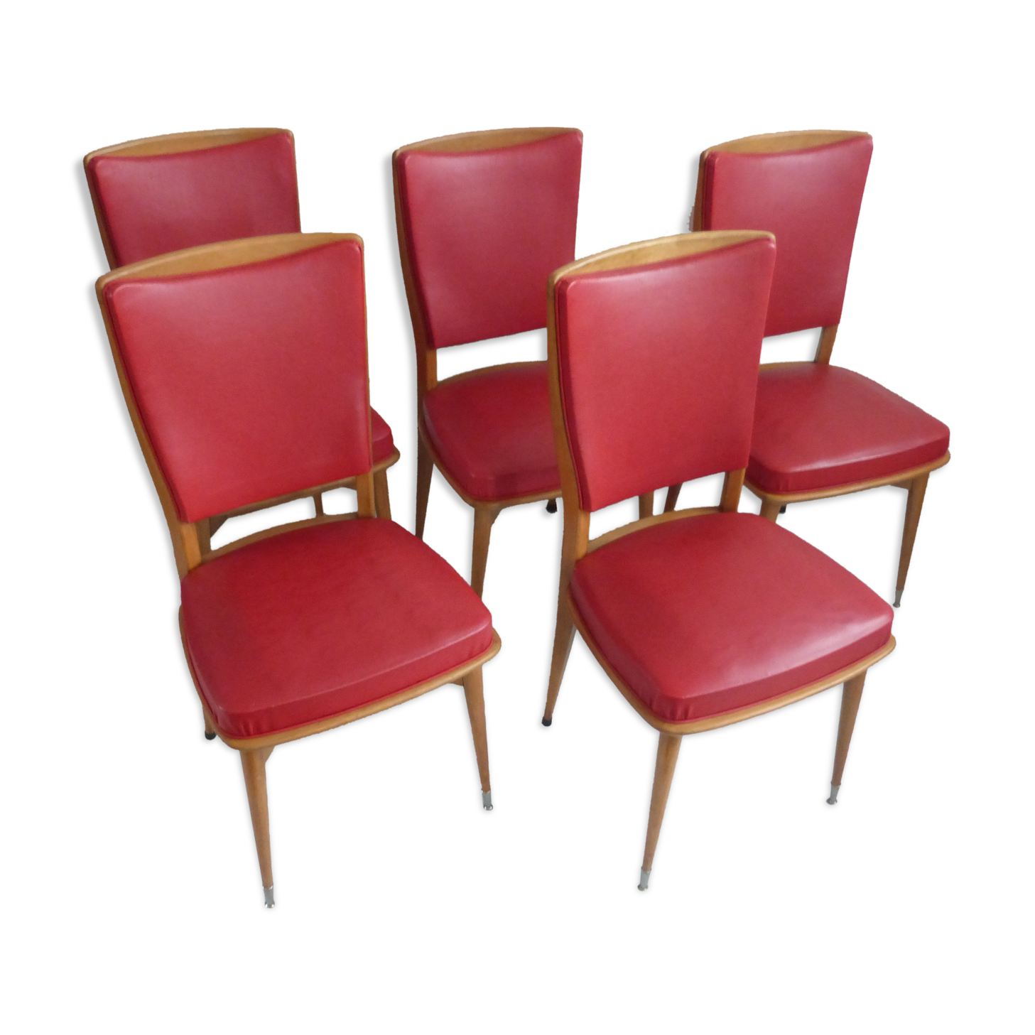 Set of five 50s wooden and red skai chairs