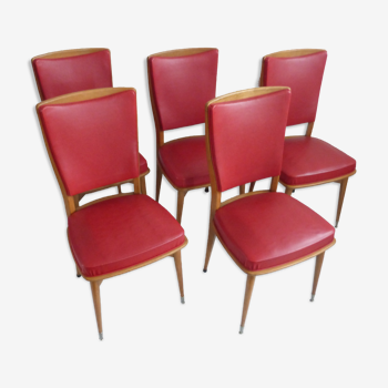 Cinq chaises années 50  bois et skaï rouge