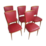 Set of five 50s wooden and red skai chairs