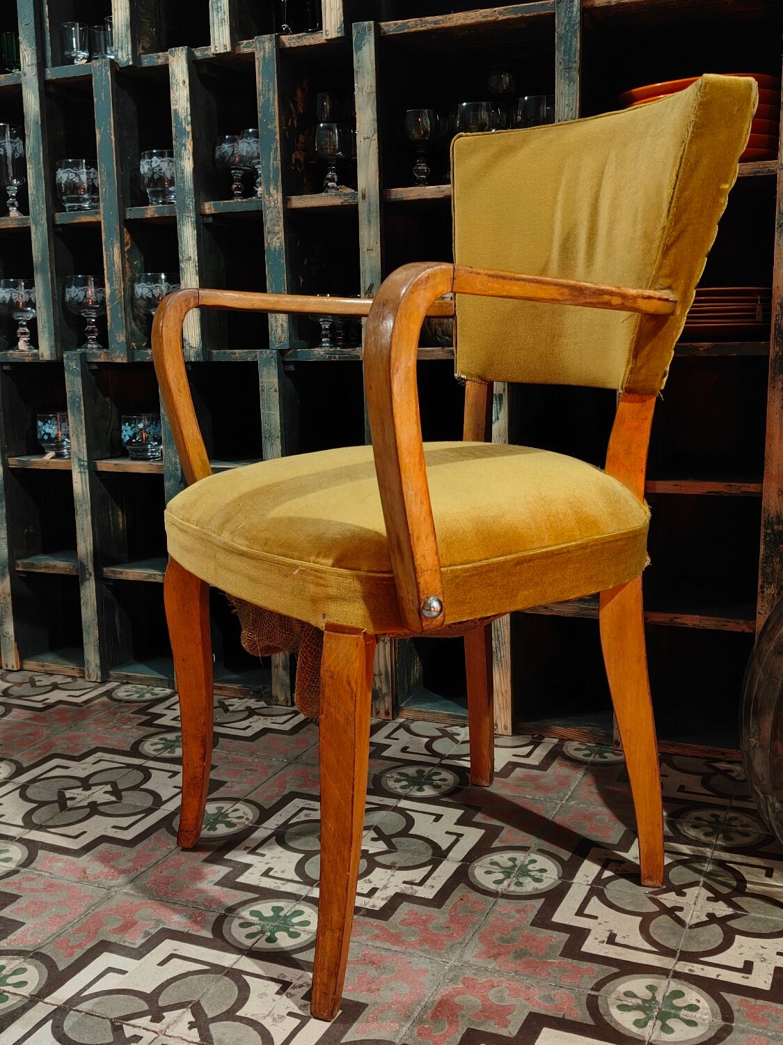 Fauteuil chaise bridge ancien moutarde