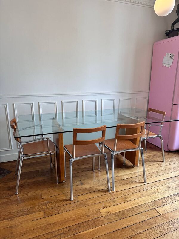 Table d’architecte italienne Segis, verre 14 mm / bois / acier, fin an