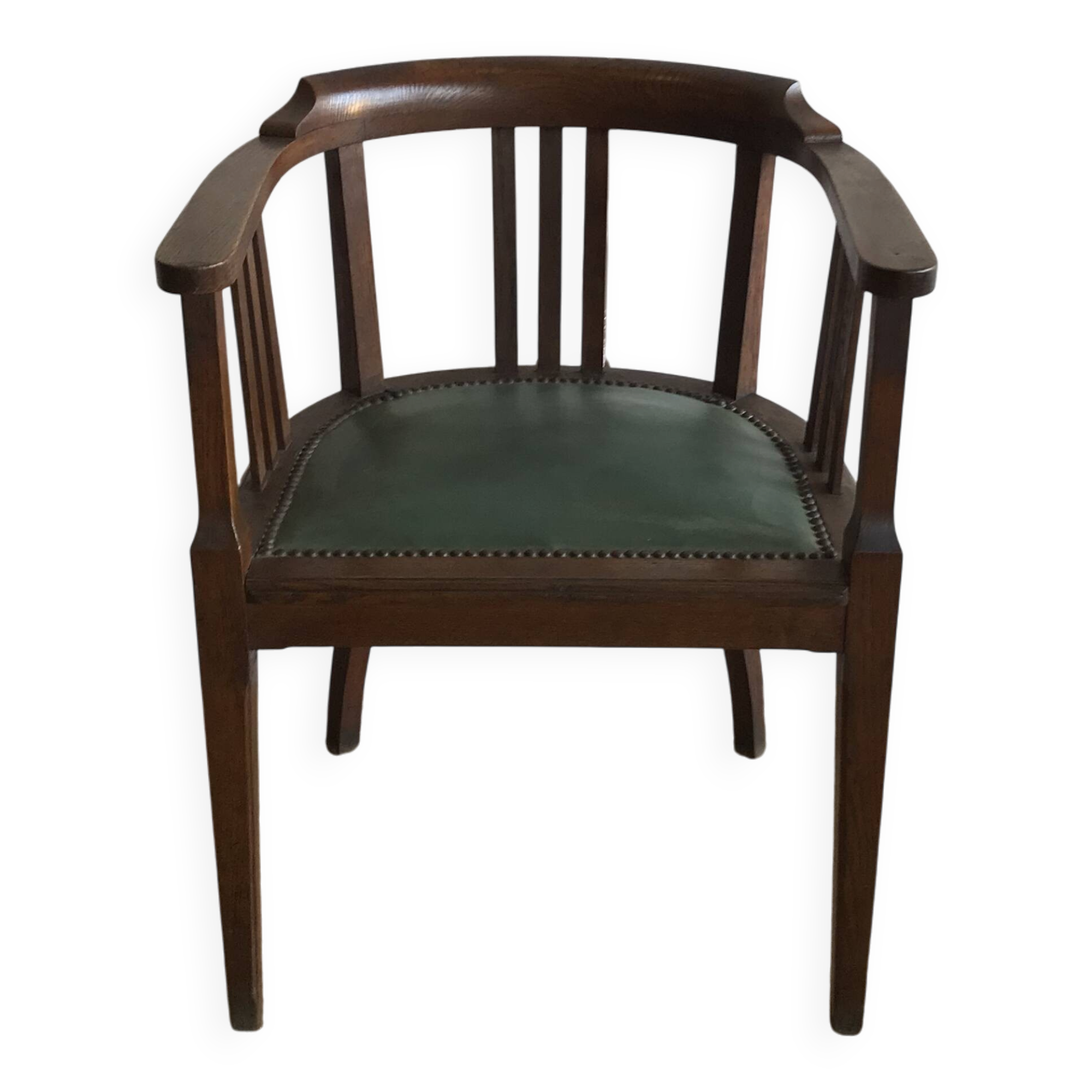 Office chair in oak and green faux leather.