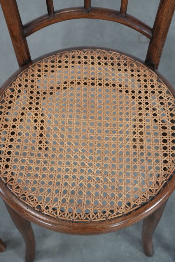 Ensemble de 4 chaises de bistro vintage Jacob & Josef Kohn Vienne avec assise en osier
