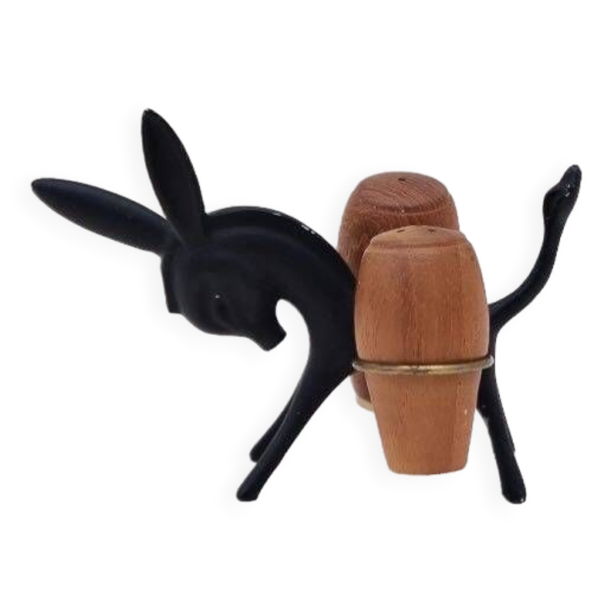 Ensemble de salière et poivrière en forme d’âne Walter BOSSE par Herta BALLER en laiton et teck, Autriche 1950