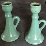 Pair of vintage table candle holders in green enameled ceramic