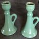 Pair of vintage table candle holders in green enameled ceramic