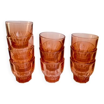 Set of 10 60s pink glass water glasses