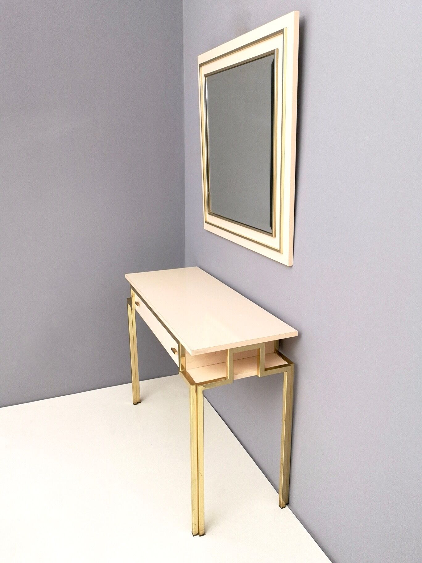 Postmodern pale pink formica and brass console with wall mirror, italy