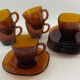 Service of 6 coffee cups and saucers Vereco amber glass design 1970