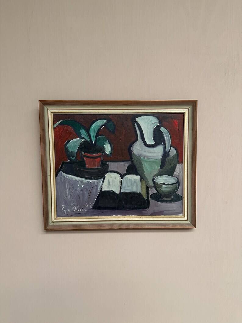 Original Swedish Oil on Canvas – “Pitcher and Plant” by Evy Olesen