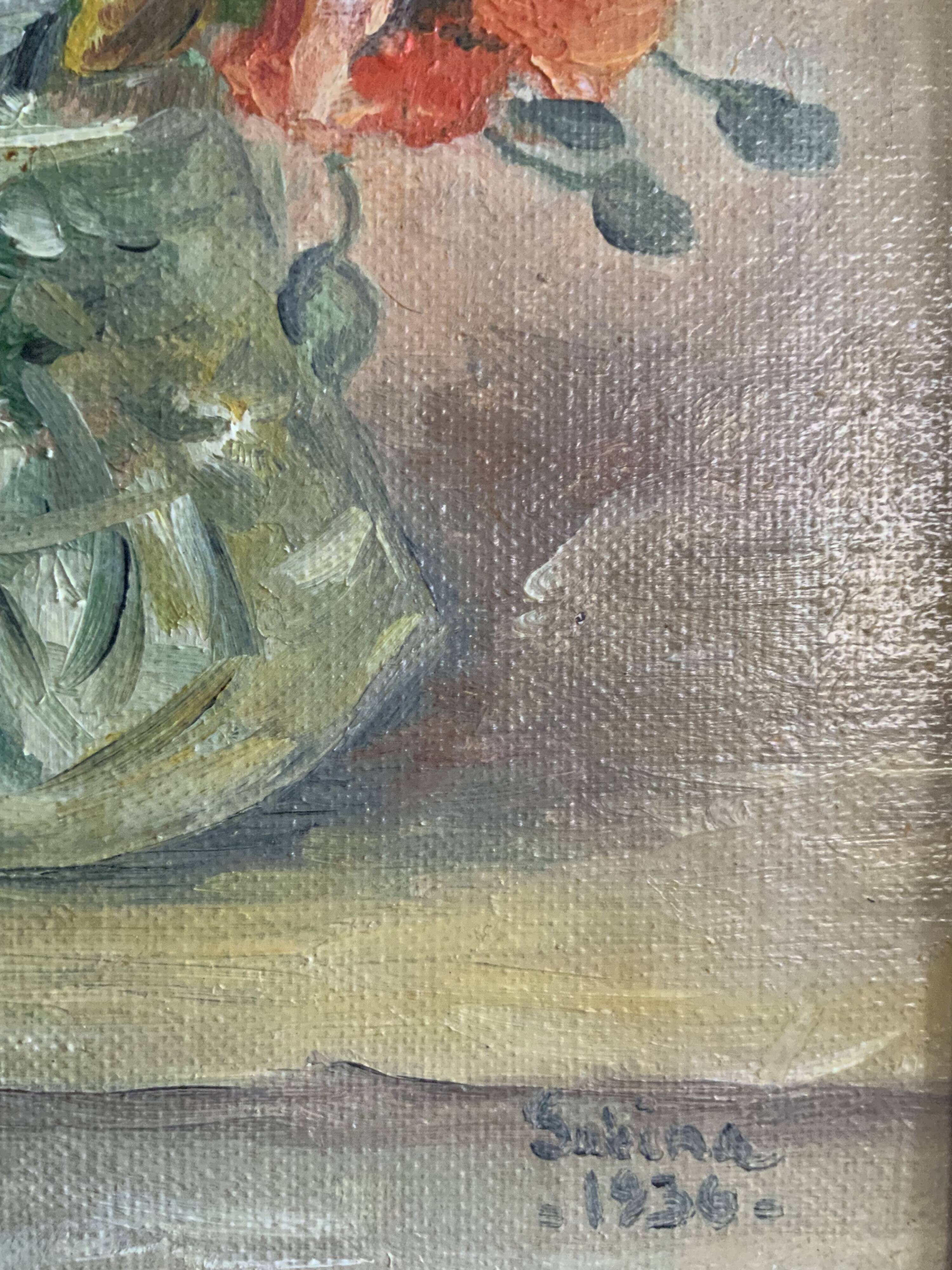 Antique oil painting still life with flowers 1936, signed