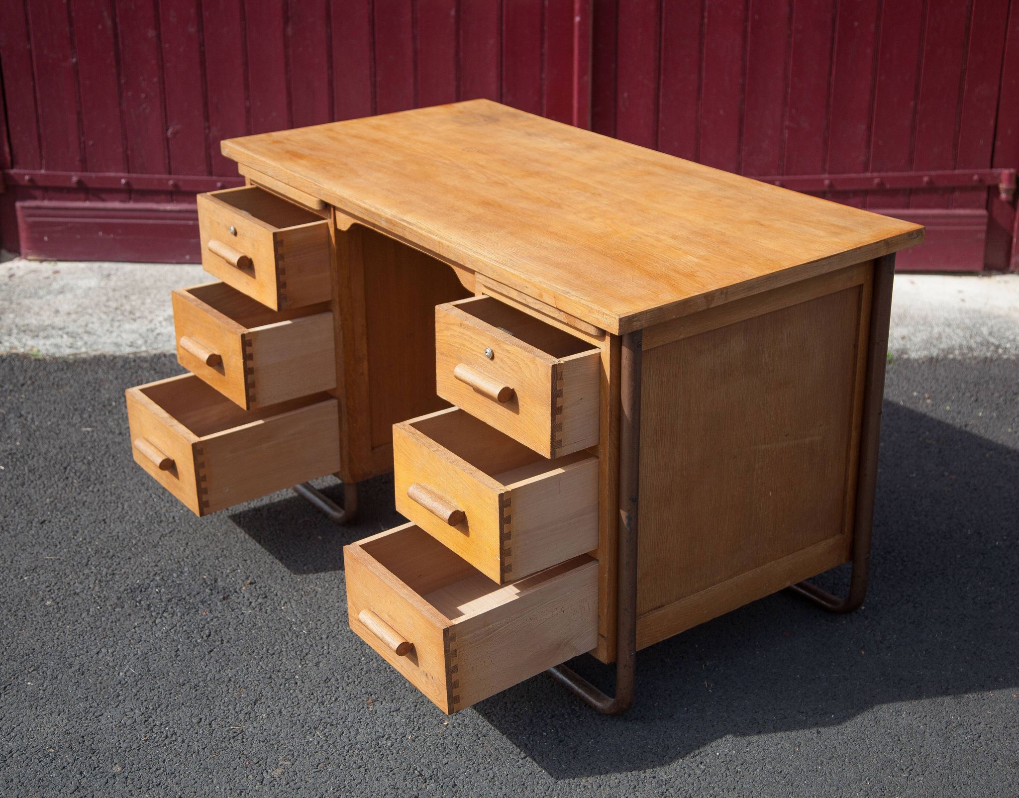 Old desk, wooden desk, school desk, desk with drawers and tablet, 50s