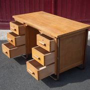 Old desk, wooden desk, school desk, desk with drawers and tablet, 50s