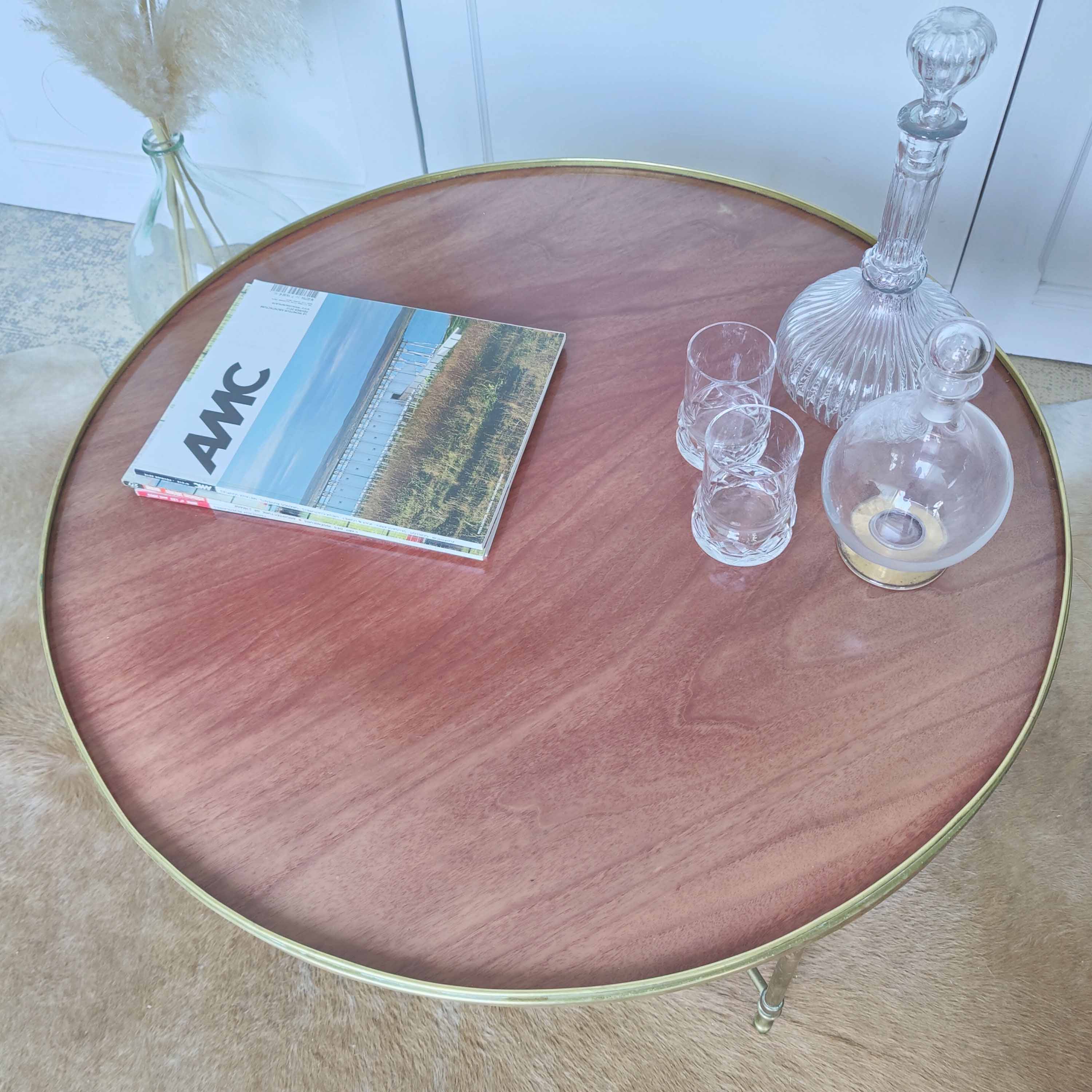 Round brass and wood coffee table