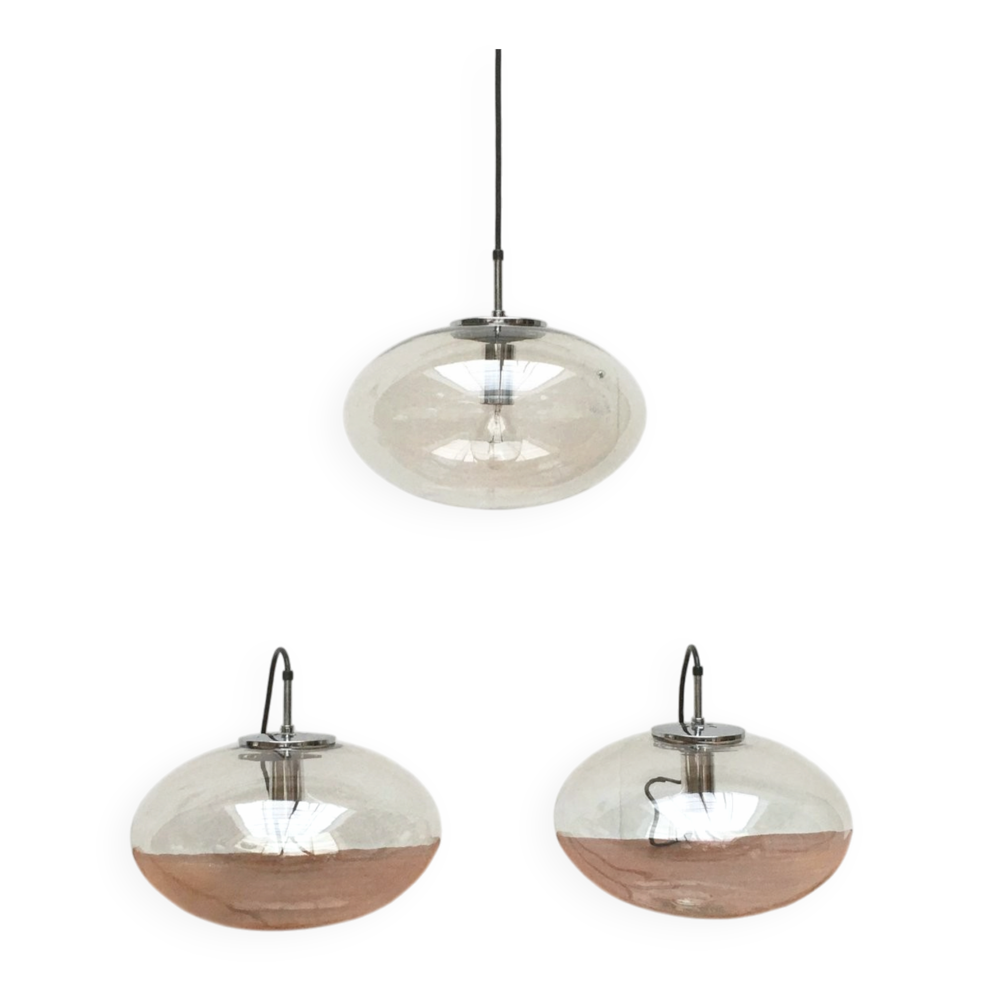 Suspended UFO-shaped glass luminaires in mid-century German Space Age style, set of 3.