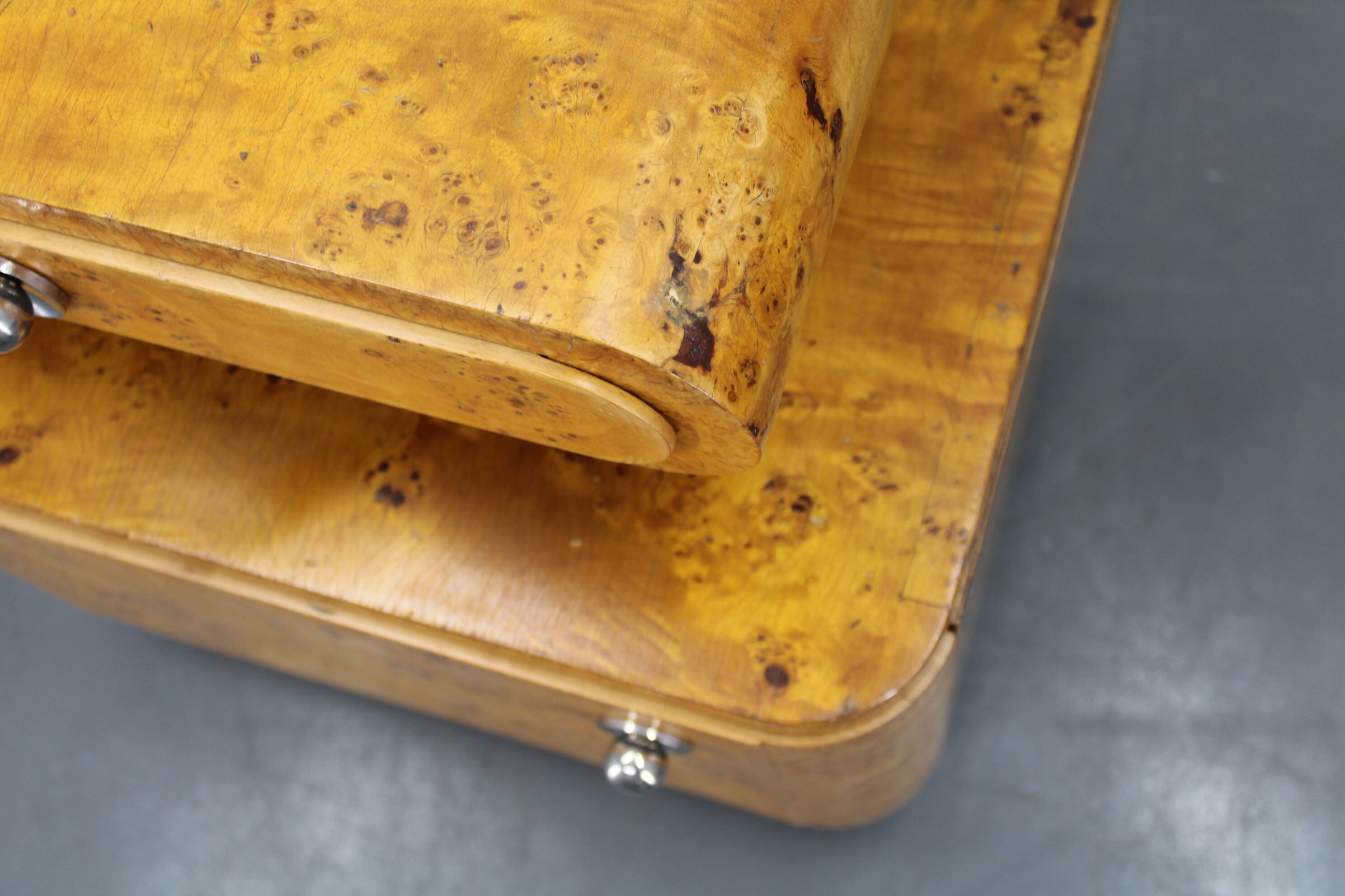 Pair of Art Deco burl wood nightstands, Czechoslovakia, 1940s