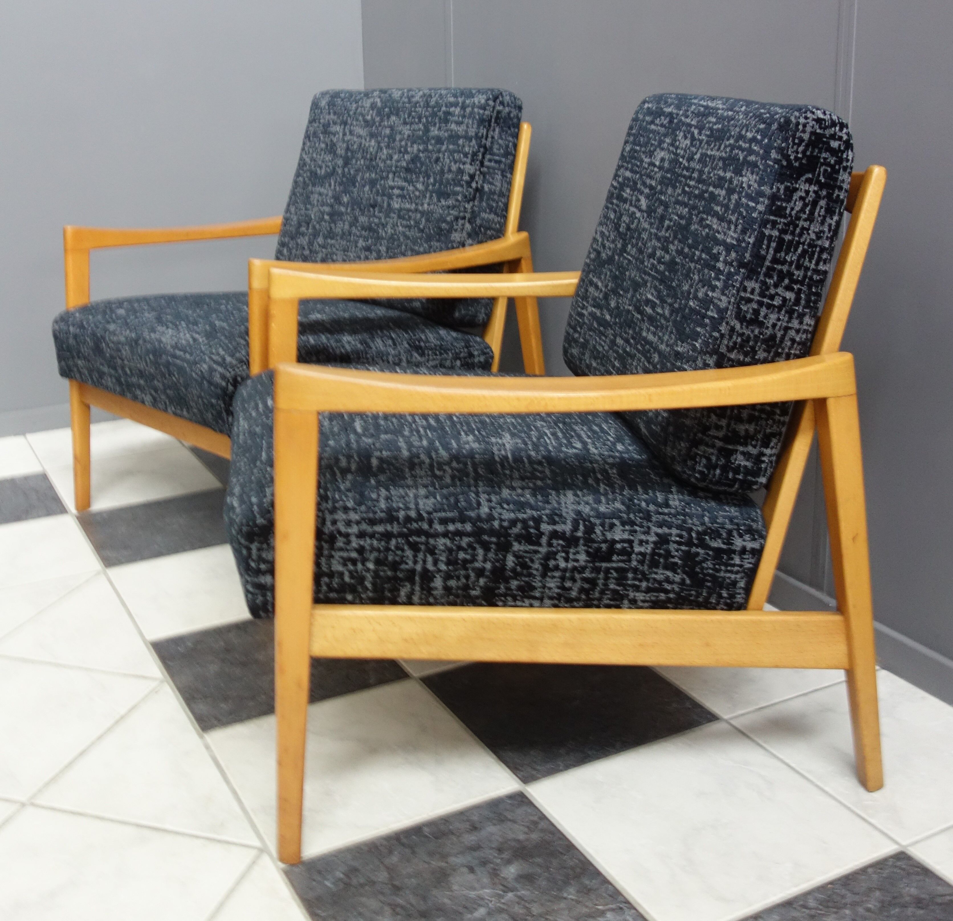 Black velvet-like fabric chairs in beech frame 1960s