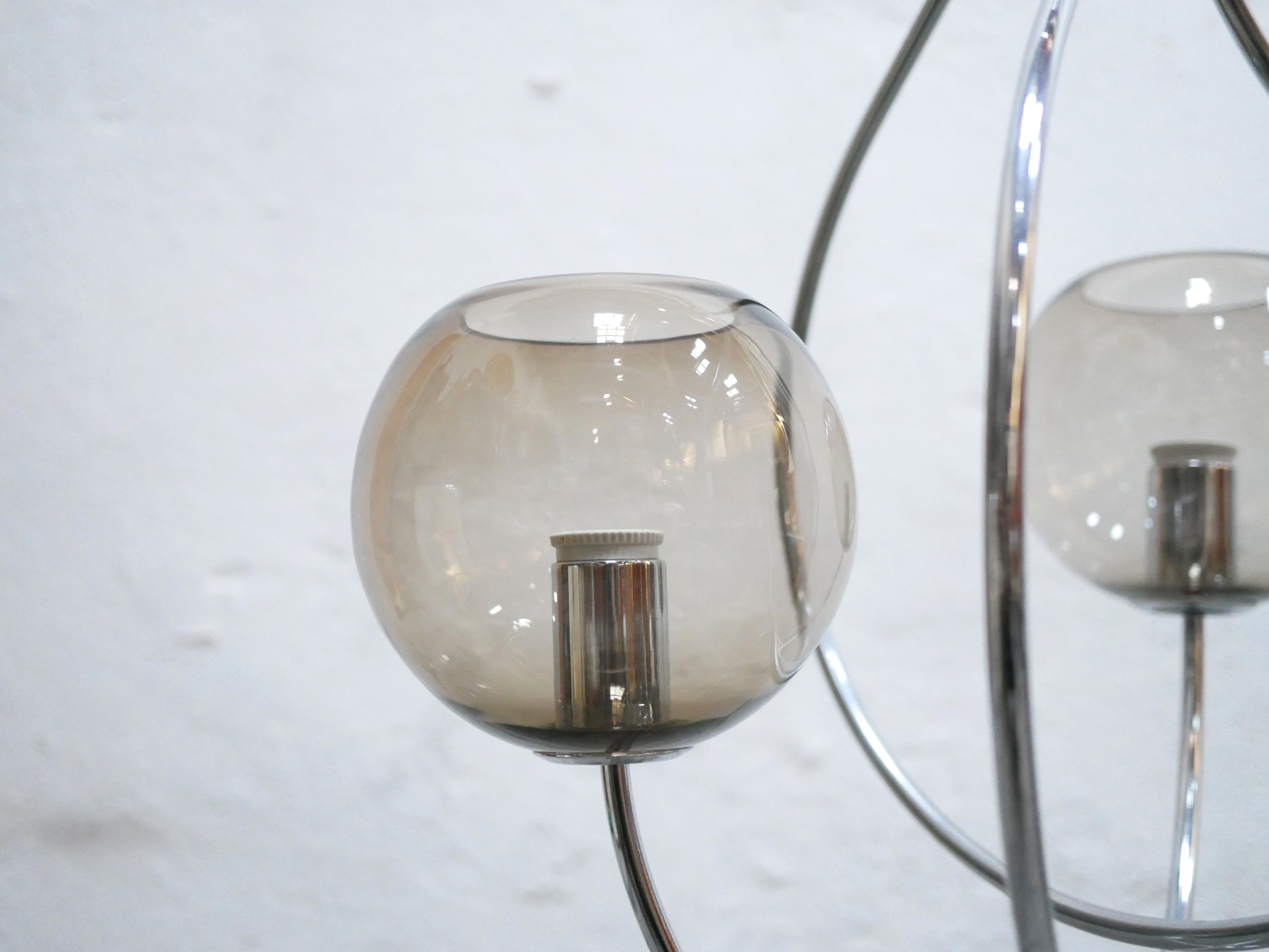 Vintage chandelier in chromed metal and smoked glass