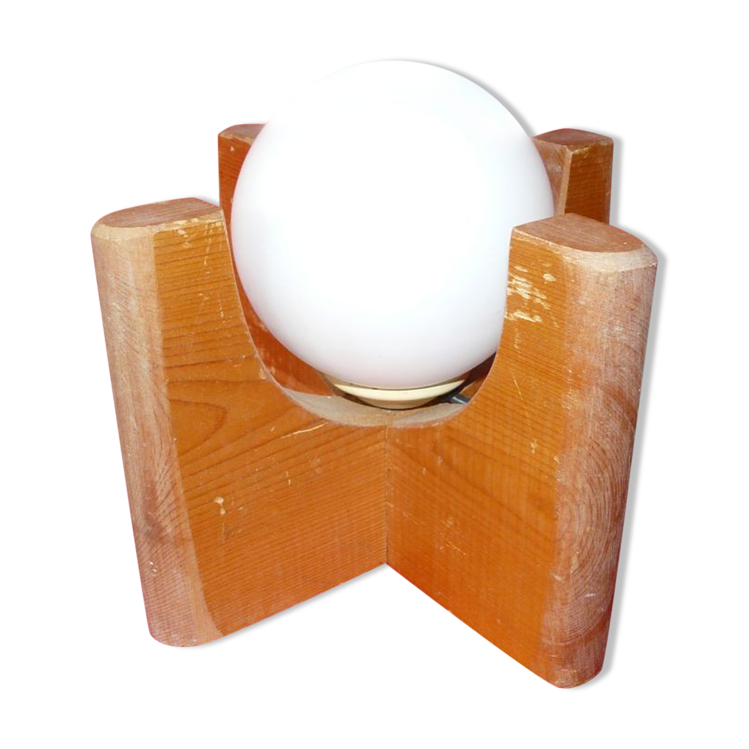 Lampe années 70 bois et opaline