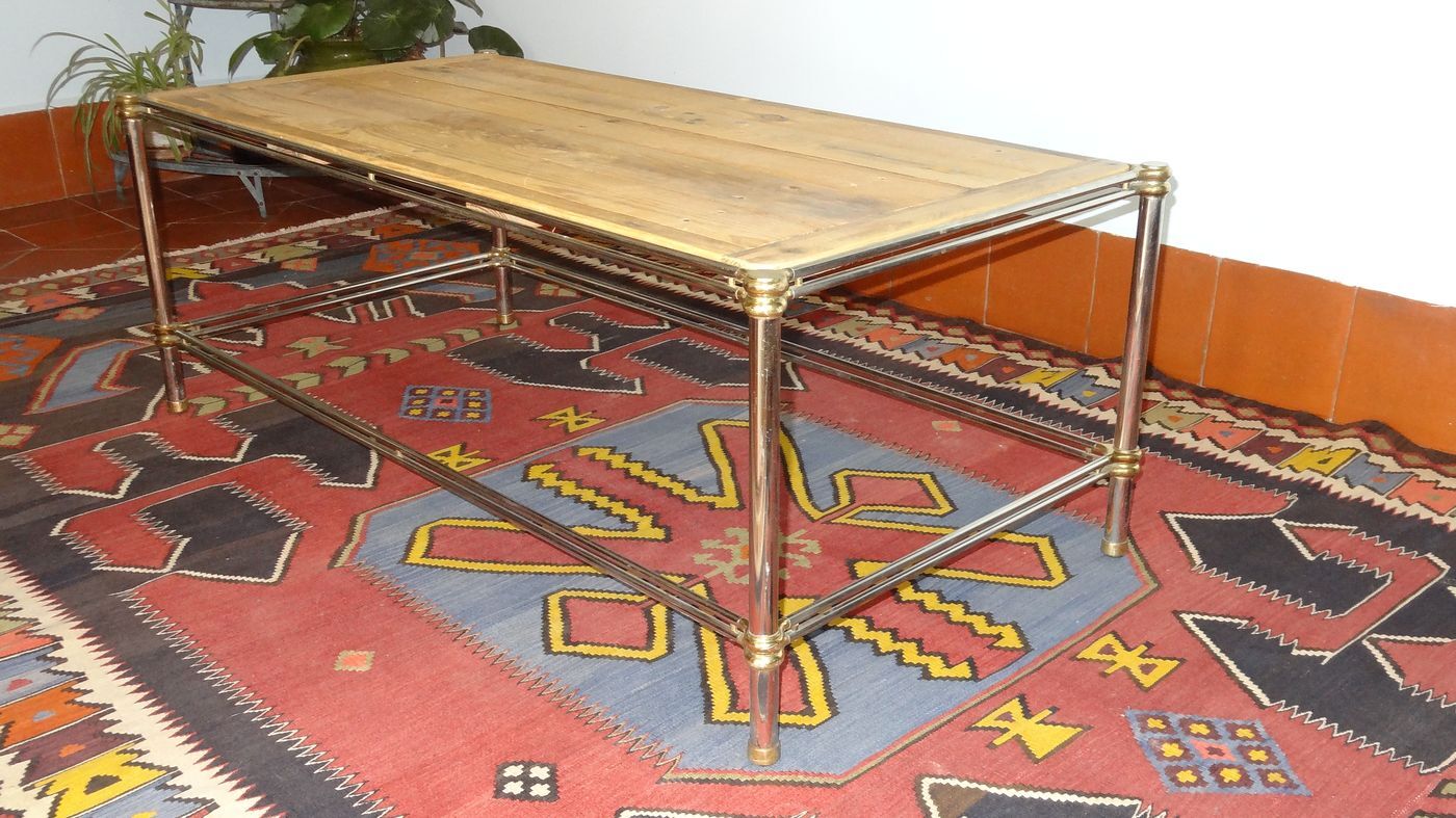 Gold, chrome metal coffee table and natural wood 120 x 60 cm