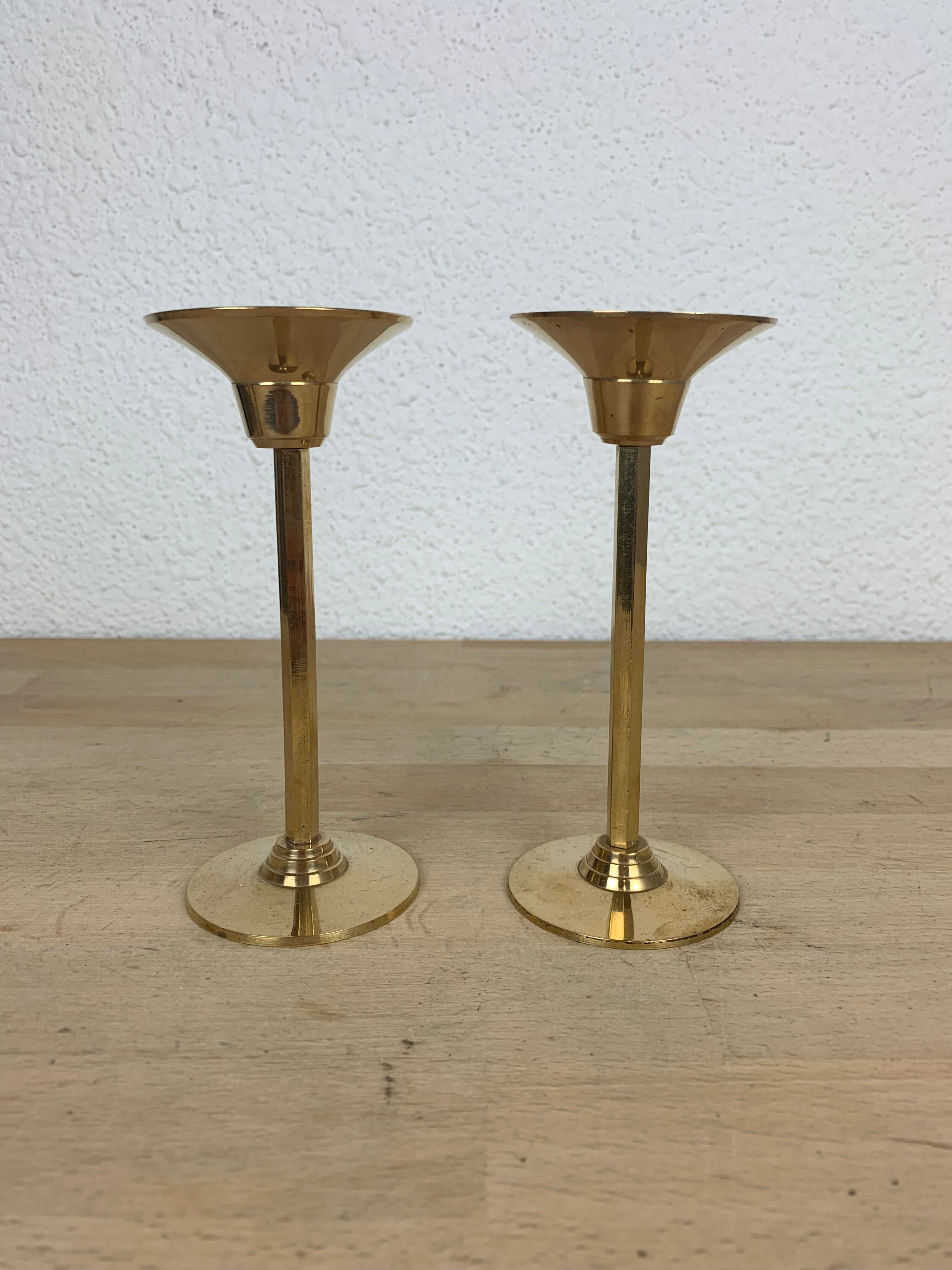 Pair of vintage golden brass candle holders