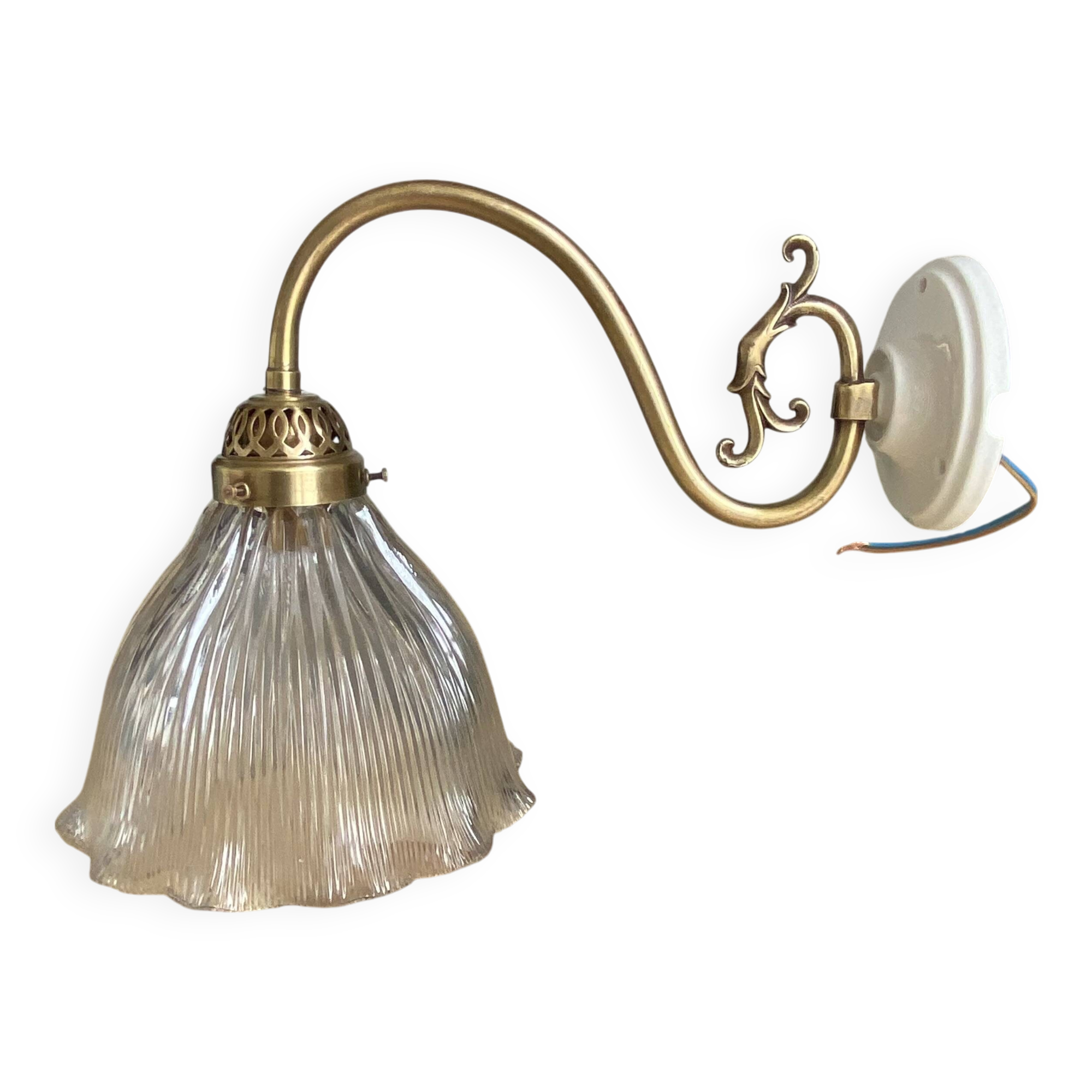 Holophane tulip brass swan neck wall lamp with porcelain rosette